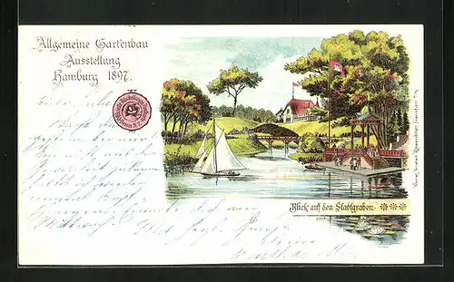 Lithographie Hamburg, Allgemeine Gartenbau-Ausstellung 1897, Blick auf den Stadtgraben