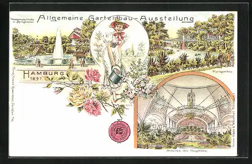 Lithographie Hamburg, Allgemeine Gartenbau-Ausstellung 1897, Parkpartie