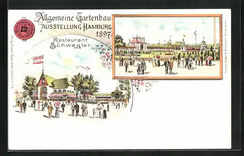 Lithographie Hamburg, Allgemeine Gartenbau-Ausstellung 1897, Restaurant Schwegler