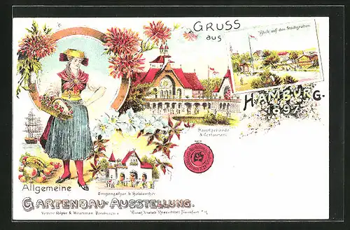 Lithographie Hamburg, Allgemeine Gartenbau-Ausstellung 1897, Dame in Tracht, Ausstellungsgebäude