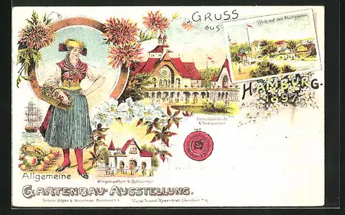 Lithographie Hamburg, Allgemeine Gartenbau-Ausstellung 1897, Ausstellungsgebäude und Eingangsthore