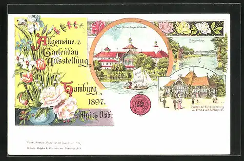 Lithographie Hamburg, Allgemeine Gartenbau-Ausstellung 1897, Haupt Ausstellungsgebäude und Pavillon