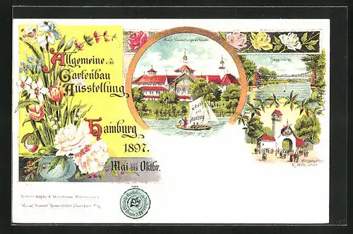 Lithographie Hamburg, Allgemeine Gartenbau-Ausstellung 1897, Hängebrücke