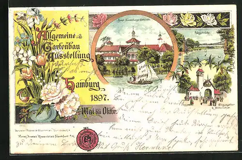 Lithographie Hamburg, Allgemeine Gartenbau-Ausstellung 1897, Haupt-Ausstellungs-Gebäude, Hängebrücke