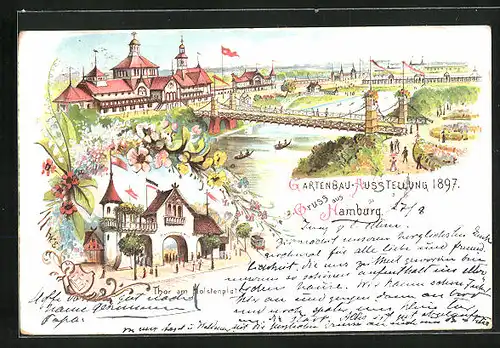 Lithographie Hamburg, Gartenbau-Ausstellung 1897, Ausstellungshalle und Brücke, Tor am Holstenplatz