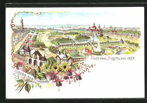 Lithographie Hamburg, Gartenbau-Ausstellung 1897, Ausstellungsgelände