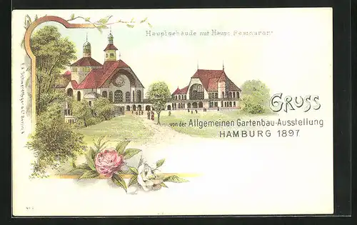 Lithographie Hamburg, Allgemeine Gartenbau-Ausstellung 1897, Hauptgebäude mit Haupt-Restaurant