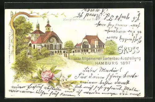 Lithographie Hamburg, Allgemeine Gartenbau-Ausstellung 1897, Hauptgebäude mit Haupt-Restaurant