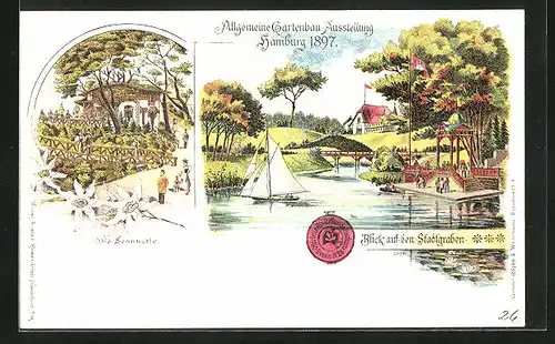 Lithographie Hamburg, Allgemeine Gartenbau-Ausstellung 1897, Die Sennhütte, Blick auf den Stadtgraben