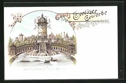 Lithographie Berlin, Gewerbe-Ausstellung, Haupt-Restaurant mit Wasser-Turm