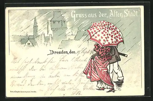 Lithographie Dresden, Ortspartie und Paar unterm Schirm bei Regen