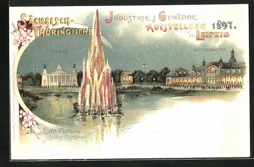 Lithographie Leipzig, Sächsisch-Thüringische Industrie & Gewerbe Ausstellung 1897, Hauptrestaurant und Theater bei Nacht