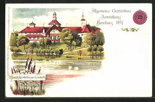 Lithographie Hamburg, Allgemeine Gartenbau Ausstellung 1897, Haupt-Ausstellungs-Gebäude