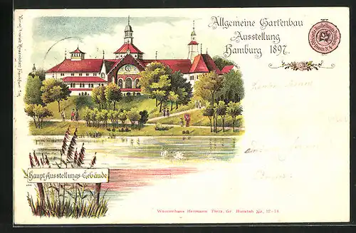 Lithographie Hamburg, Allgemeine Gartenbau Ausstellung 1897, Haupt-Ausstellungs-Gebäude