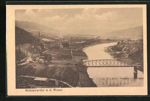 AK Bodenwerder a. d. Weser, Ortsansicht mit Fluss und Brücke