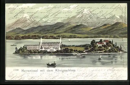 AK Herreninsel, Königsschloss mit See und Gebirge