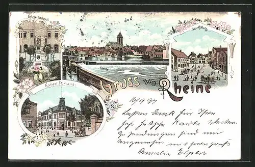 Lithographie Rheine, Kaiserliches Postamt, Kriegerdenkmal, Marktplatz, Ems Partie
