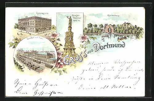 Lithographie Dortmund, Bahnhof mit Post, Gymnasium, Krieger Denkmal, Kronenburg
