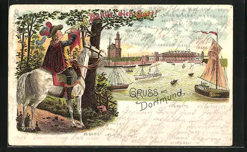 Lithographie Dortmund, Trompeter von Säckingen vor der Stadt mit Blick auf die Brücke