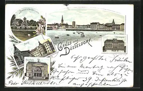 Lithographie Düsseldorf, Ständehaus, Markt, Kunsthalle, Brunnen in der Königsallee