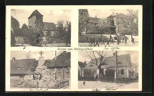 AK Heiligenthal, Gasthaus, Schule, Kriegerdenkmal, Kirche