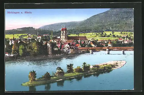 AK Säckingen a. Rhein, Uferpartie mit Kirche und Brücke