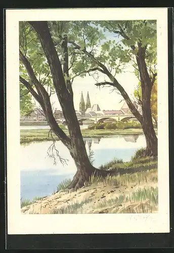 Künstler-AK Frankfurt a. d. Oder, Uferpartie mit Bäumen und Brücke
