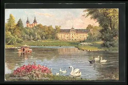 Künstler-AK Donaueschingen, Schlosspark mit Teich, Schwänen und Entenhaus