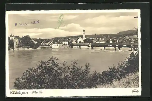 AK Säckingen, Flusspartie mit Brücke und Stadt