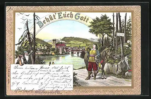 Lithographie Säckingen, Behüt` Euch Gott, Trompeter mit Pferd vor der Stadt