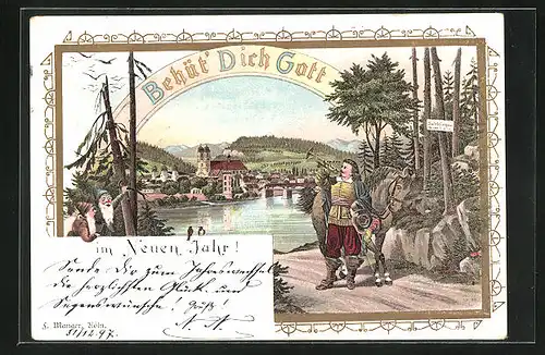 Lithographie Säckingen, Behüt` Euch Gott, Trompeter mit Pferd vor der Stadt, Neujahrsgruss