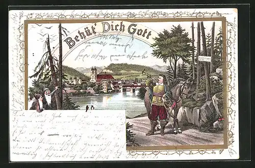 Lithographie Säckingen, Behüt` Euch Gott, Trompeter mit Pferd vor der Stadt