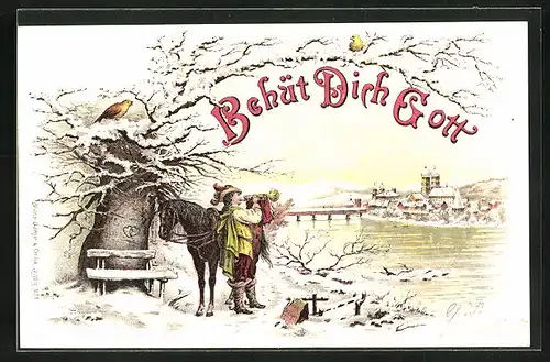 AK Behüt Dich Gott!, Trompeter mit Pferd in winterlicher Landschaft