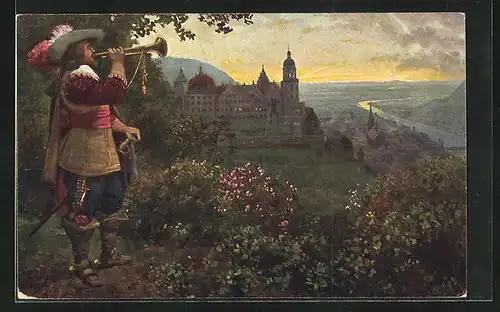 Künstler-AK Heidelberg, Behüt Dich Gott!, Trompeter schaut auf die Stadt