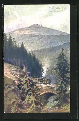 Künstler-AK Bergbahn fährt über Brücke