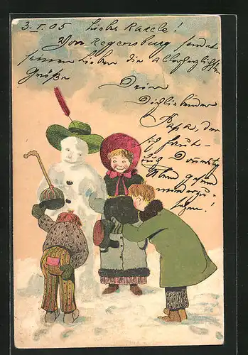 AK Kinder posieren mit Schneemann