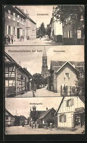 AK Rheinbischofsheim b. Kehl, Schulstrasse, Kirchstrasse, Strassenpartie mit Geschäft