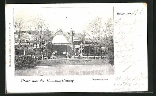 AK Berlin, Kunstausstellung, Hauptrestaurant am See mit kahlen Bäumen