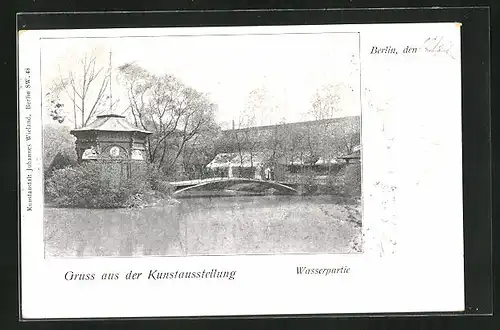 AK Berlin, Kunst-Ausstellung, Wasserpartie mit kleiner Brücke und Pavillon