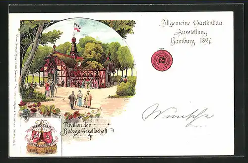 Lithographie Hamburg, Allgemeine Gartenbau Ausstellung 1897, Pavillon der Bodega-Gesellschaft