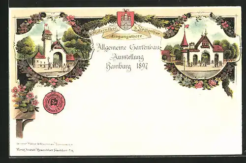 Lithographie Hamburg, Allgemeine Gartenbau Ausstellung 1897, Eingangstore b. Millerntor & b. Holstentor