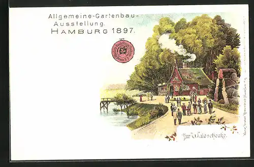 Lithographie Hamburg, Allgemeine-Gartenbau-Ausstellung 1897, Gasthaus Zur Waldschenke