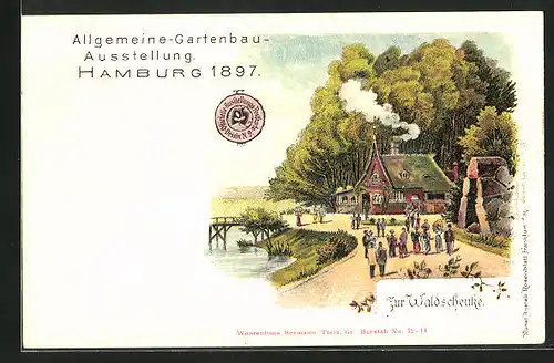 Lithographie Hamburg, Allgemeine-Gartenbau-Ausstellung 1897, Gasthaus Zur Waldschenke