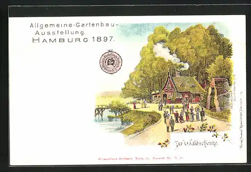 Lithographie Hamburg, Allgemeine-Gartenbau-Ausstellung 1897, Gasthaus Zur Waldschenke