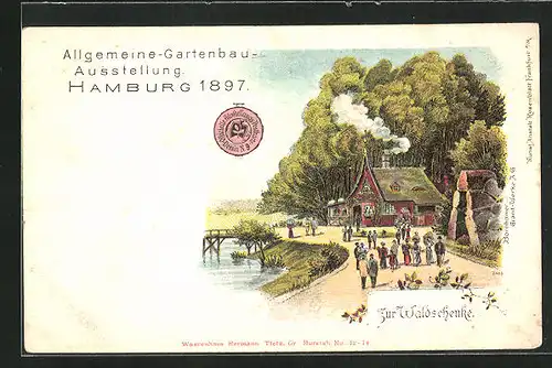 Lithographie Hamburg, Allgemeine-Gartenbau-Ausstellung 1897, Gasthaus Zur Waldschenke
