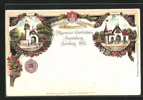 Lithographie Hamburg, Allgemeine Gartenbau-Ausstellung 1897, Eingangstore b. Millerntor & b. Holstentor