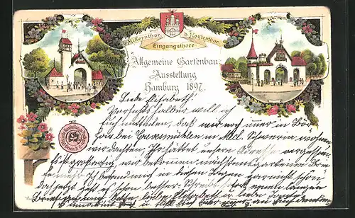 Lithographie Hamburg, Allgemeine Gartenbau-Ausstellung 1897, Eingangstore b. Millerntor & b. Holstentor