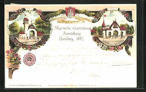 Lithographie Hamburg, Allgemeine Gartenbau-Ausstellung 1897, Eingangstore b. Millerntor & b. Holstentor