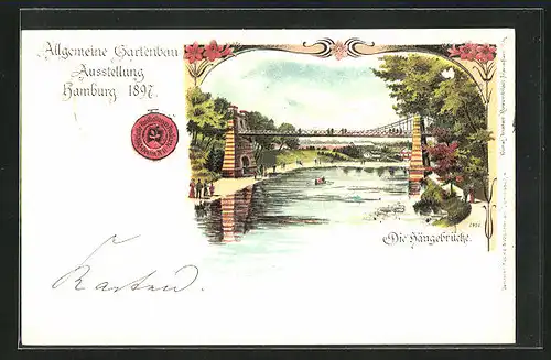 Lithographie Hamburg, Allgemeine Gartenbau-Ausstellung 1897, Die Hängebrücke