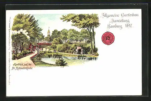 Lithographie Hamburg, Allgemeine Gartenbau-Ausstellung 1897, Ausblick auf die St. Michaeliskirche